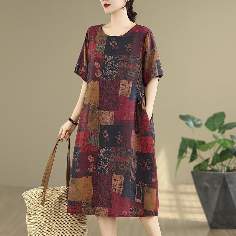 Платье с круглым вырезом и короткими рукавами из хлопка и льна с принтом, женская летняя новая одежда 2025 года, темпераментная мама, средняя и длинная юбка А-образного силуэта
