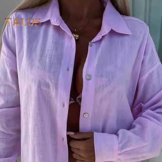 Женская рубашка с лацканами, однобортная рубашка с длинным рукавом, однотонная свободная блузка, повседневные осенние топы