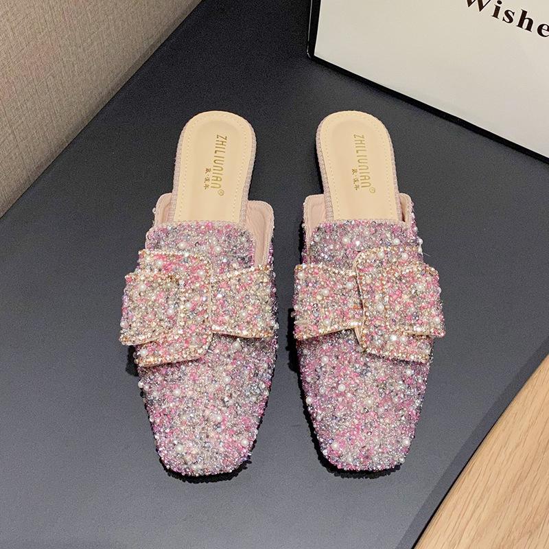 Женские элегантные летние универсальные тапочки на плоской подошве с квадратным носком, украшенные стразами, женские уличные туфли Muller