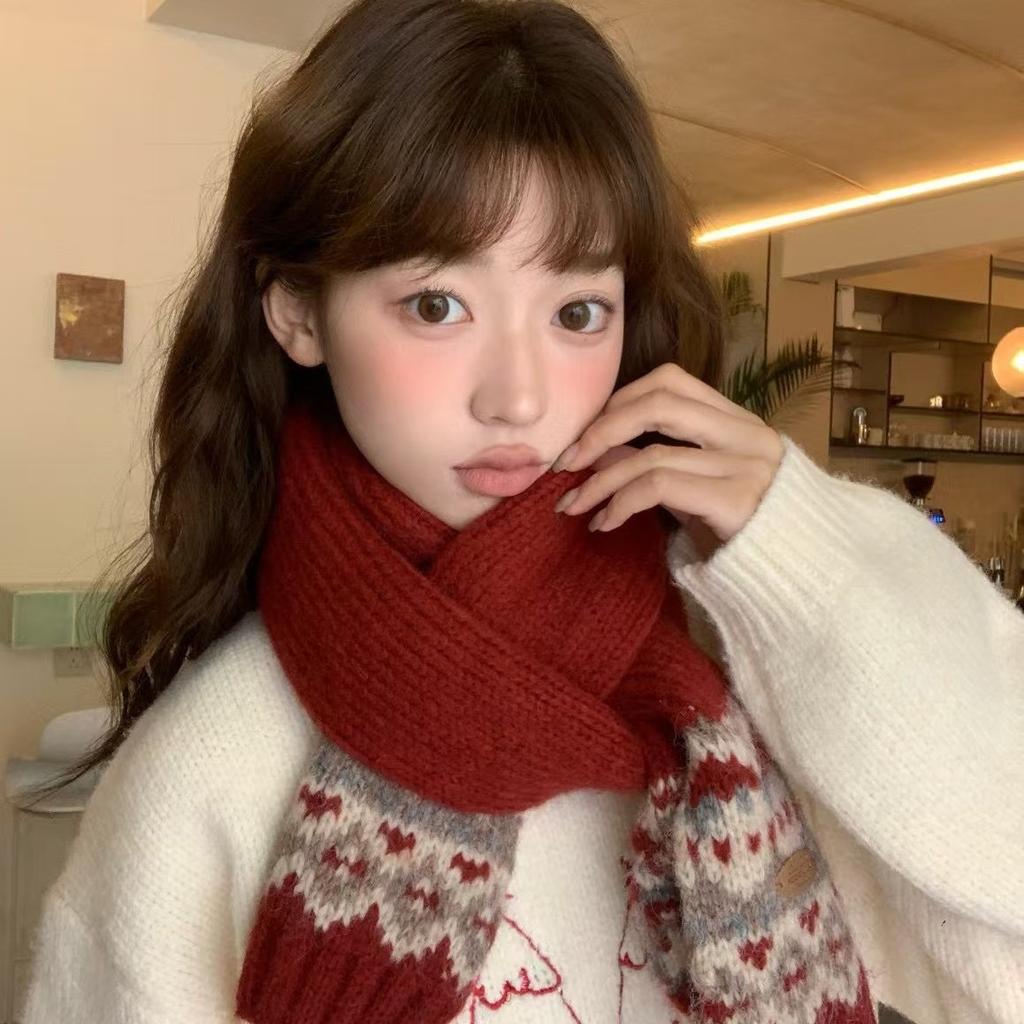 Christmas Scarf Women's Korean Version Retro Knitted Versatile Thick Autumn and Winter Warm Student Couple Scarf