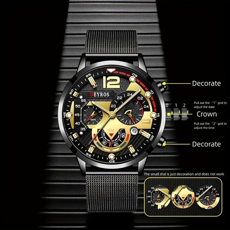 DEYROS Мужские часы с календарем, модные деловые кварцевые часы с сетчатым ремешком, мужские часы