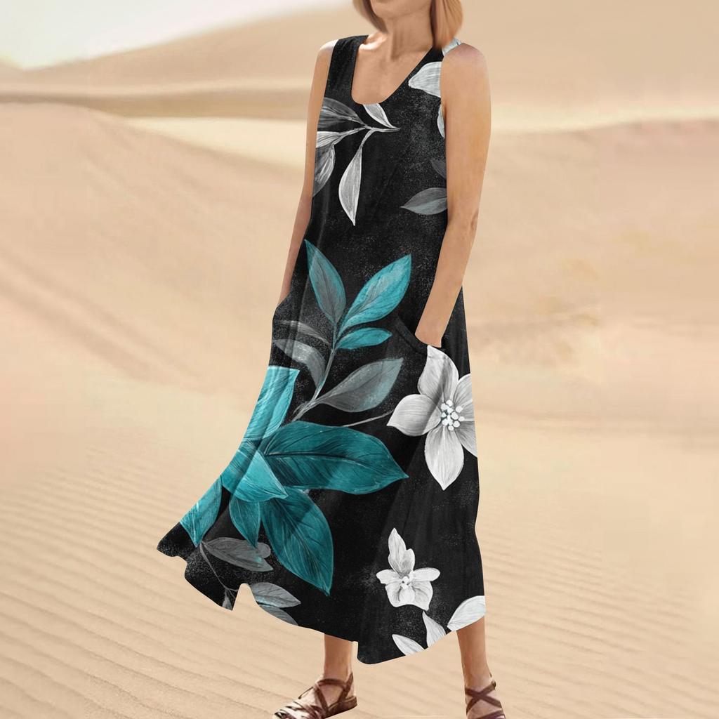 Женское летнее повседневное модное платье без рукавов с круглым вырезом и карманом с цветочным принтом