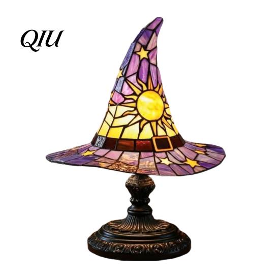 Fantasy Glass Lampshade Stained Style Witch Hat Lamp, USB Powered Resin Wizard Night Light Dorm Room Desk Lamp with Sun Star, Gothic Halloween