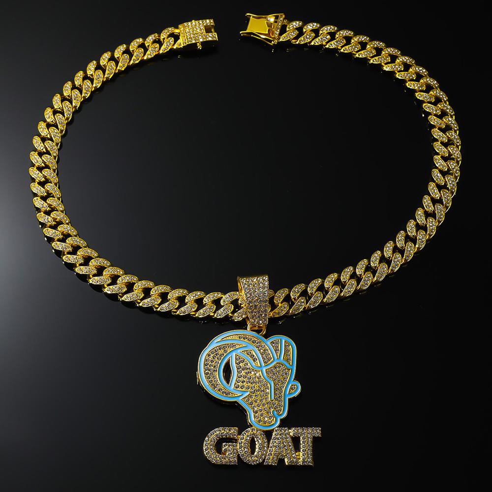 New Hip Hop Enamel Goat Letter Pendant Necklacewith 13mm Cuban Chain HipHop Iced Out Bling Animal Necklace for Men Charm Jewelry