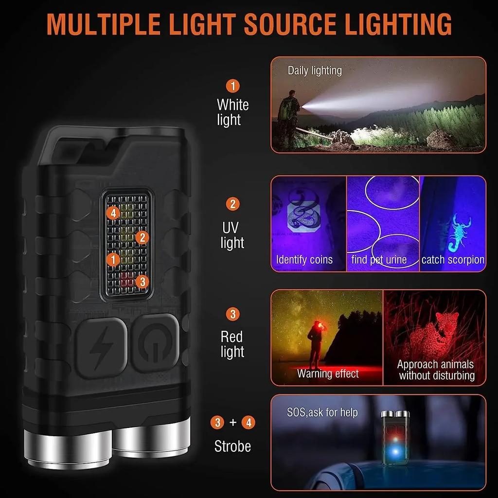 EDC Mini Torch Light Type-C Rechargeable Flashlight Magnetic Work Light Red Laser UV Beep Camping Pocket Lantern Keychain Light