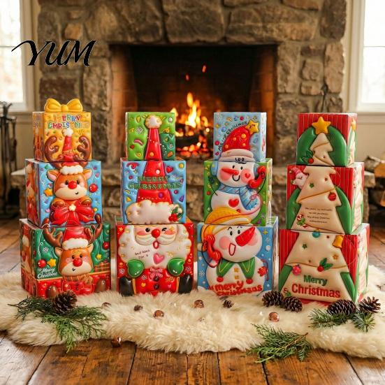Reusable Holiday Display Sets 3Pcs Christmas Stackable Gift Box, Layered Cube Plastic Boxes with Santa Small Trinket Organizer Snowman Reindeer,