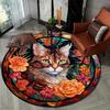 Ковер из хрустального бархата Тяжелый ковер из полиэстера, похожего на хрустальный бархат, Круглый коврик - Витражный кот и цветочный принт Нескользящий коврик