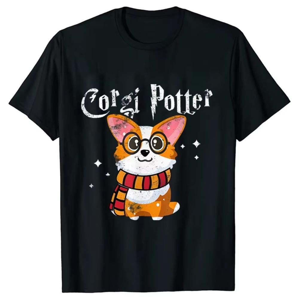 Corgi Potter Funny Dog Men T-Shirt Fashion Dog Lovers Cute Graphic Tees Hip Hop Harajuku Streetwear Oversized Male Clothing