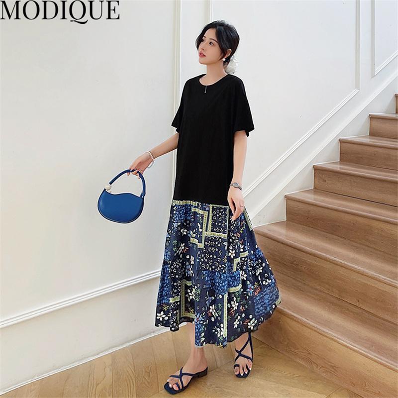 MODIQUE Summer Plus Size New Dress Shirt Women Loose Patchwork Floral Cotton Linen A-Line Dress Casual Female Dresses O-Neck Short Sleeve