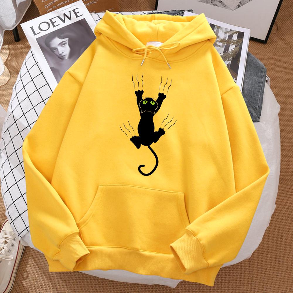 Naughty Black Cat Print Women's Hooded Hip-hop Comfortable Sweatshirt Cartoon Soft Hooded Harajuku Sportswear