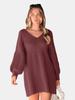 TEMU Autumn 2026 Puff Sleeve Solid Knit V-neck Sweater Dress - European & American Christmas Edition