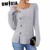 Autumn Winter Solid Color O-Neck Button Long Sleeve Loose T-shirt Top Woman