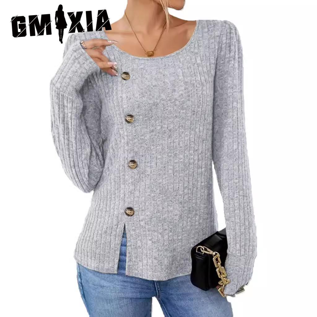 GMXIA Autumn Winter Solid Color O-Neck Button Long Sleeve Loose T-shirt Top Woman