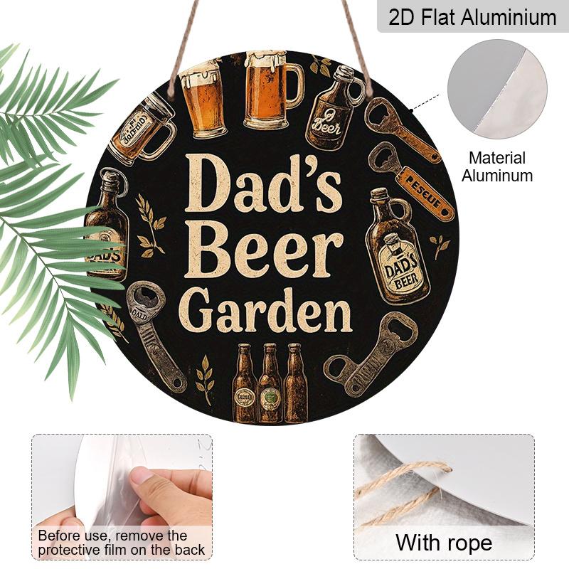 2D Flat 1pc, 8x8 in, Vintage Beer Garden Aluminum Metal Decorative Signs & Plaques - Dad's Beer Garden Wall Art with Beer Mugs, Bottles & Rustic