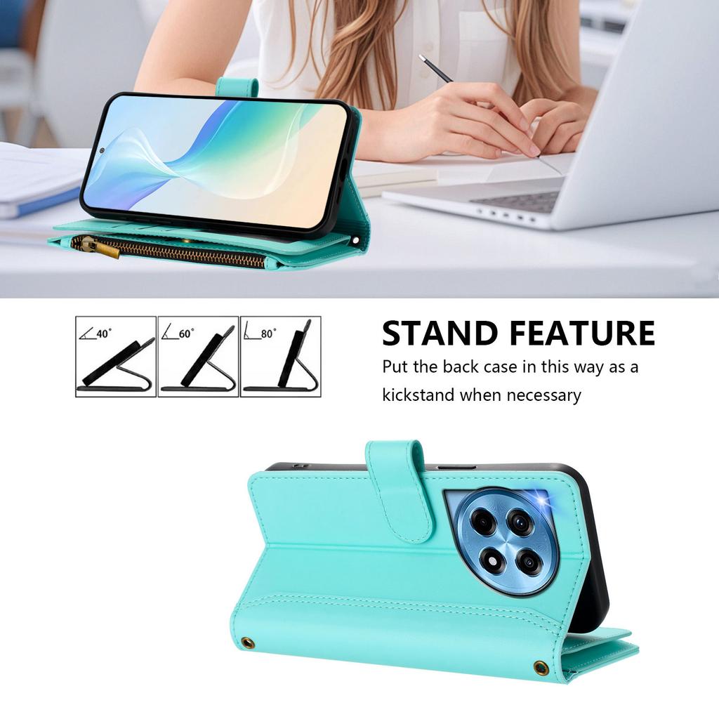 Кожаный чехол для OnePlus Ace 3 5G/OnePlus 12R 5G с 9 отделениями для карт, застежкой-молнией, подставкой и ремешком на запястье.