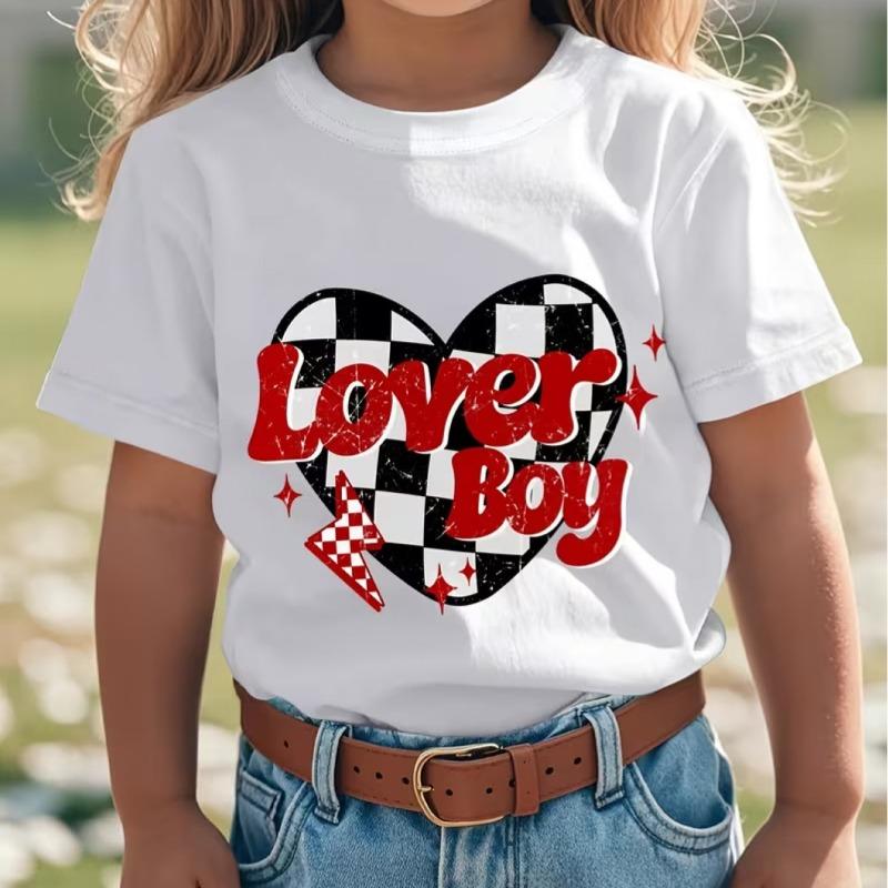Girls Crewneck Short Sleeve T-Shirt, Heart Check Valentine Cartoon Print