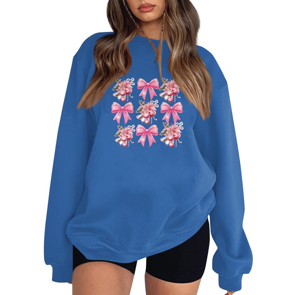 Women's Fashion Long Sleeve Loose Bowknot Printed Round Neck Sweatshirt
