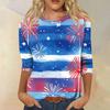 Women's Fashion Casual Seven Sleeve Independence Day Printed Round Neck Top