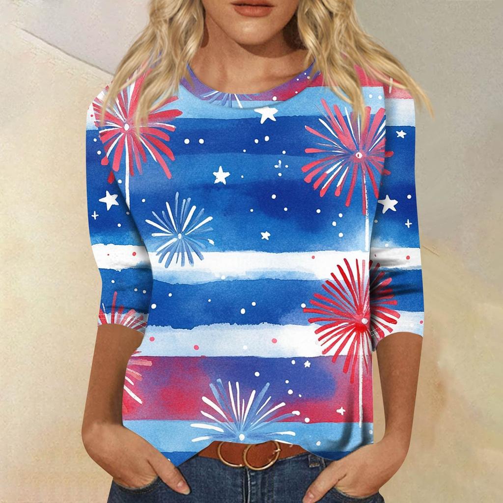 Women's Fashion Casual Seven Sleeve Independence Day Printed Round Neck Top