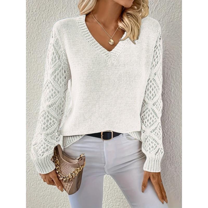 Женская мода повседневная однотонная принтованная осень-зима с длинным рукавом и V-образным вырезом свитера