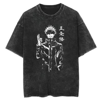 Jujutsu Kaisen Годжо Сатору Футболка Ручная Печать Графика Мужская Кислотная Стирка Оверсайз Уличная Одежда Аниме Ретро Хлопковый Топ Футболка