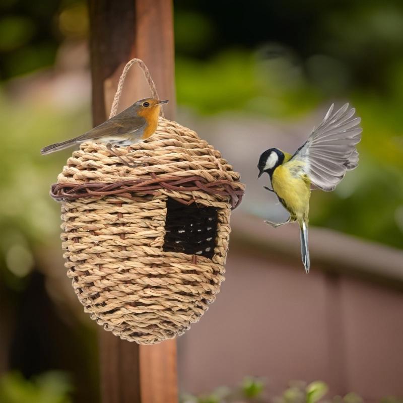 Small Hanging Bird House for Outdoor Handwoven Grass Hummingbirds Nest for Garden Shelter Place for Finches Bird Supply
