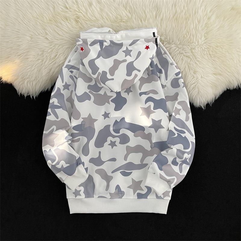 High Street Camo Shark Zip-Up Hoodie - Unisex, BF Style, Long Sleeve with Towel Embroidery