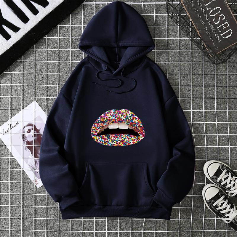 Fashion Lips Print Women Hooded Sweatshirt Casual Long Sleeve O Neck Loose Women Ladies Hooded Tops Clothes