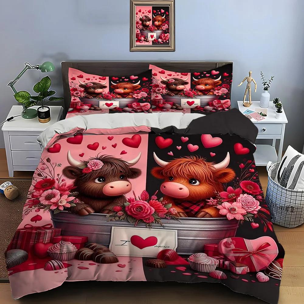 Постельный комплект с принтом шотландского скота Милый североамериканский пододеяльник 1 пододеяльник 2 наволочки Постельный комплект для взрослых и детей Роскошь
