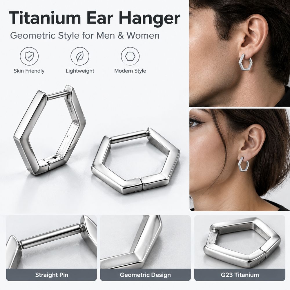 G23 Titanium Hexagon Ear Hanger Silver Tone Stud earrings New Earrings  Unisex