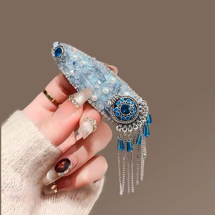 Blue Gem Healing Rhinestone Pearl Ethnic Tassel Hair Clip for Women