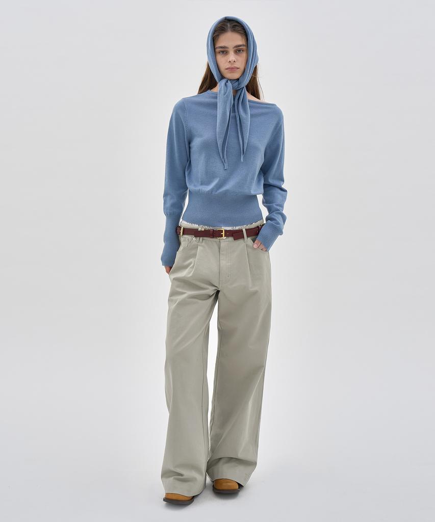 PARTIMENTO WOMEN Two-Way Asymmetrical Scarf Knit Crew Neck_Dusty Blue