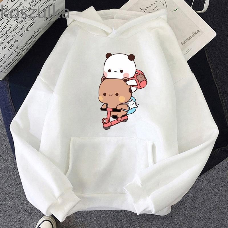 Women Kawaii Panda Bear Bubu and Dudu Hoodie Cute Couple Are Doing Exercise Sweatshirt Girls Pocket Clothes Men Tops Long Sleeve