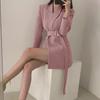 Women Suit Coat Lapel Long Sleeve Belt Suit Jacket with Side Pockets Solid Color Loose Fit Office Lady Outwear