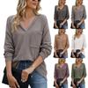 Женская мода V-образный вырез однотонный длинный рукав пуловер длинный рукав топ повседневный свободный топ