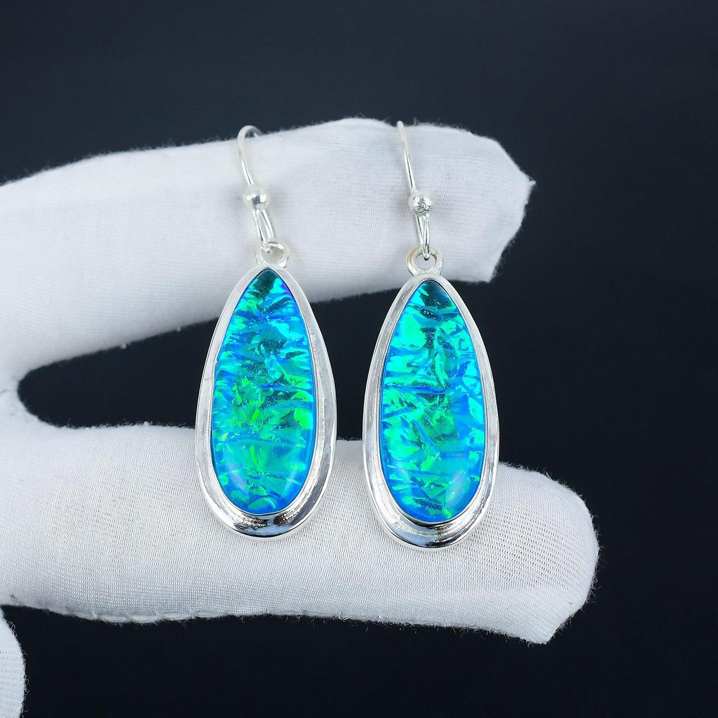 Blue Triplet Fire Opal Gemstone 925 Sterling Silver Earring, Handmade Boho Silver Jewelry Dangle Earrings, Valantine Day Gift
