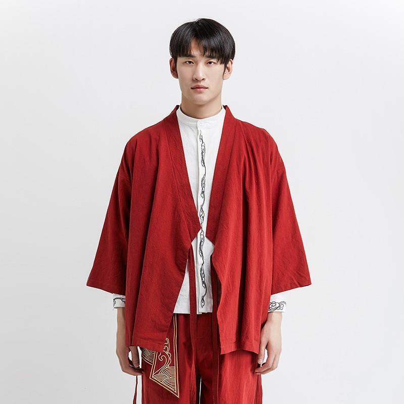 Мужской свободный кардиган Hanfu Zen: Даосский халат с рукавом три четверти в ретро-китайском стиле