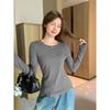 Gray Round Neck Brushed Plus Velvet Thickened Bottoming Shirt for Women Autumn and Winter New Herringbone Line Slim Long-sleeved Inner Top