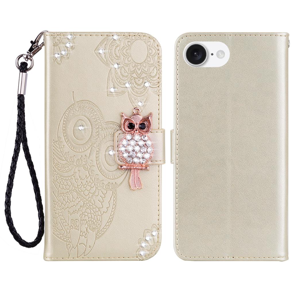 For iPhone 16e Wallet Case Owl Flower Imprinted Rhinestone Leather Cover