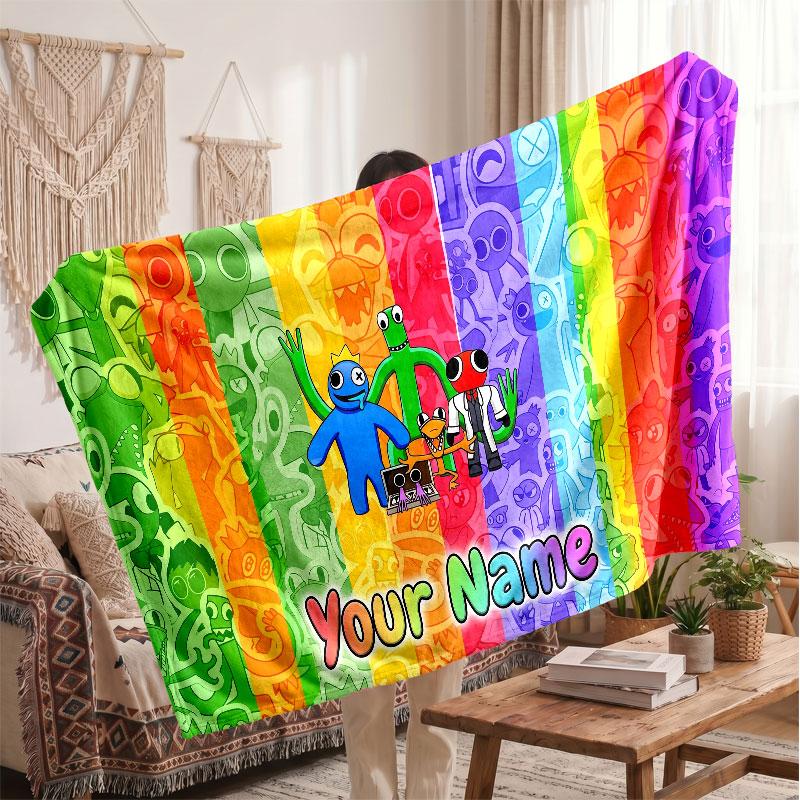 Rainbow Friends Personalized Flannel Blanket, Custom Printed Text Name, Warm Soft Blanket For Couch Bed