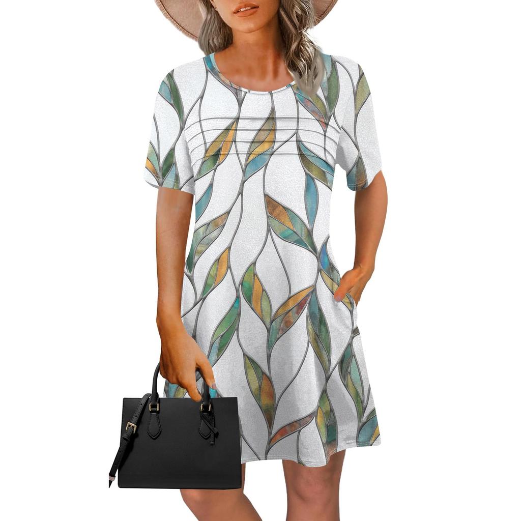 Женское летнее винтажное платье с цветочным принтом, повседневное платье с коротким рукавом и круглым карманом