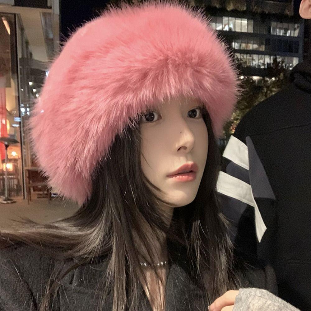 Warm Luxury Plush Hat Thicken Winter Fluffy Hats Fashion Faux Fur Bucket Hat Girls