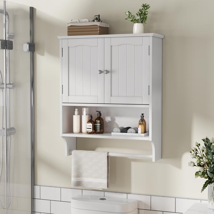 Armoire de toilette - MUVOE - Blanche - 2 étagères réglables - Porte-serviettes mural - MDF durable