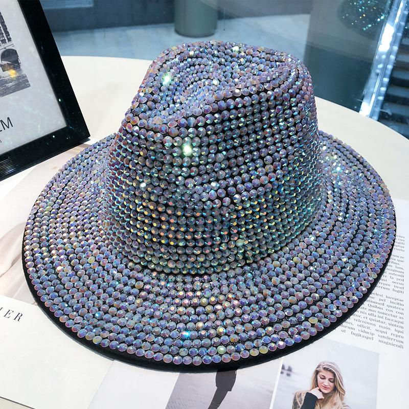 Hat women's autumn and winter fashion rhinestone elegant jazz hat British retro versatile diamond-encrusted woolen women's top hat tide