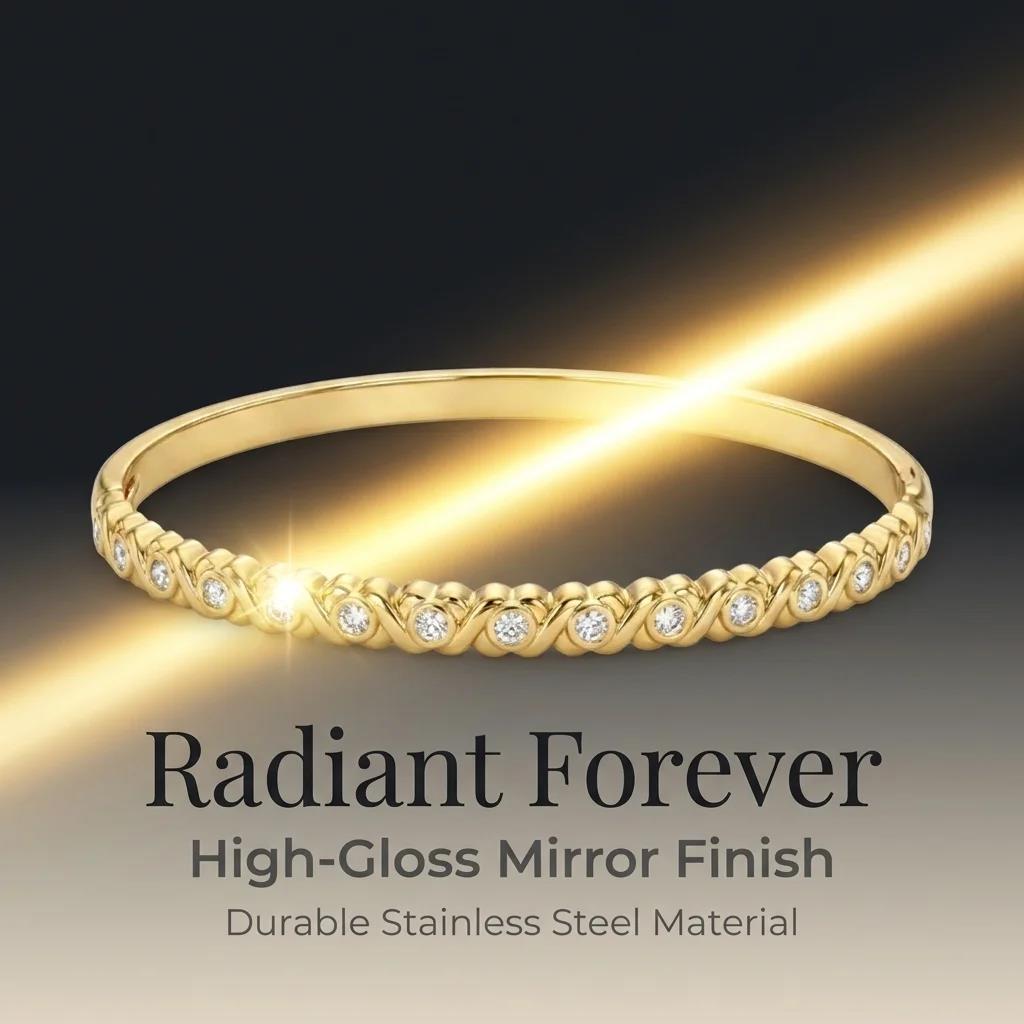 Gold Color Snap-on Zircon Bangle Stainless Steel Bracelet for Women Fashion Jewelry Gift