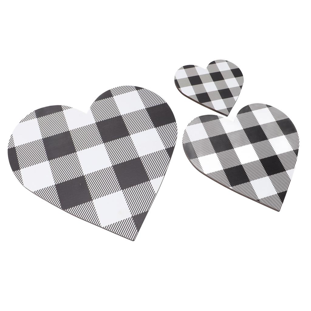 3Pcs Heart Shaped Wood Sign Plaid Wooden Wall Decor Rustic Hanging Plaque for Kitchen Bedroom Bathro