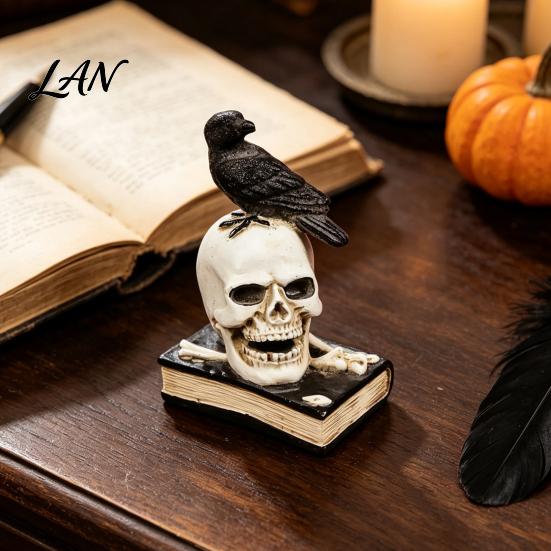 Mysterious Book Shelf Figurine Mystical Raven on Skull Statue, Gothic Crow Perching Resin Skeleton Statue with Book, Spooky Halloween Sculpture