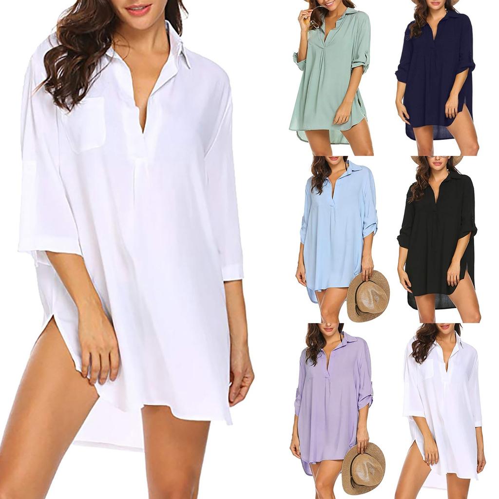 Модные женские однотонные женские рубашки с v-образным вырезом и карманами, топ с длинными рукавами