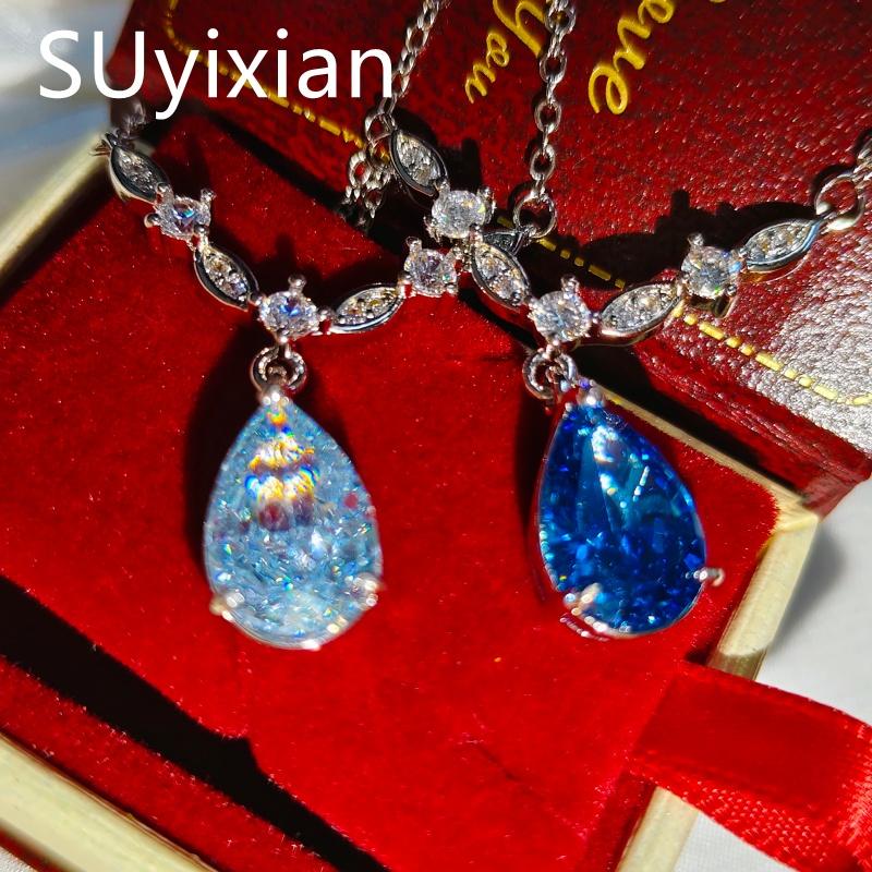 925 Sterling Silver Fashion Light Luxury Ice Flower Cut Crystal Zircon Queen Water Drop Pendant Necklace Birthday Party Gift