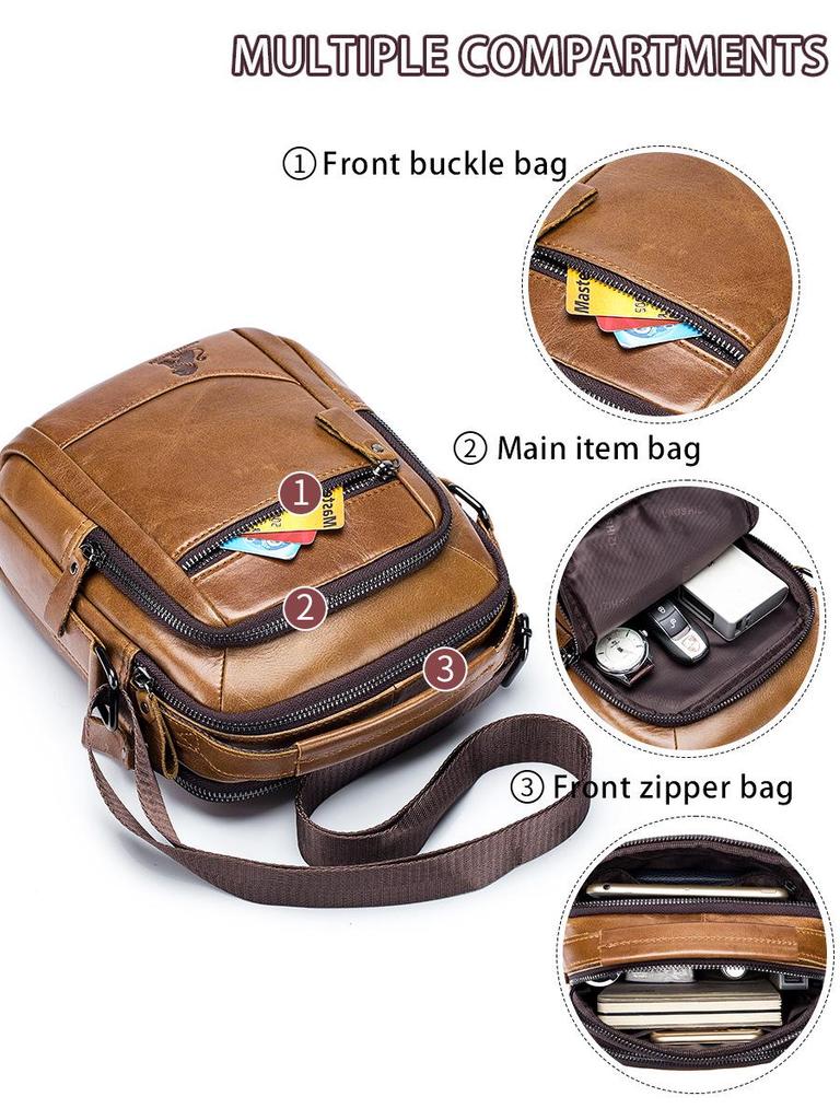Men's Cowhide Leather Crossbody Bag - Fashionable, Versatile, Multi-functional, Large Capacity, Wear-resistant.